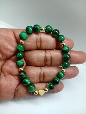 Bracelet Bar 14K Gold Filled Bead Stretch Bracelet Green Tiger's Eye Women